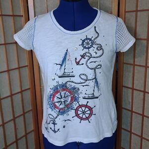 Palm Grove Women's Embellished Pirate Print Mesh Panel T-Shirt White Small